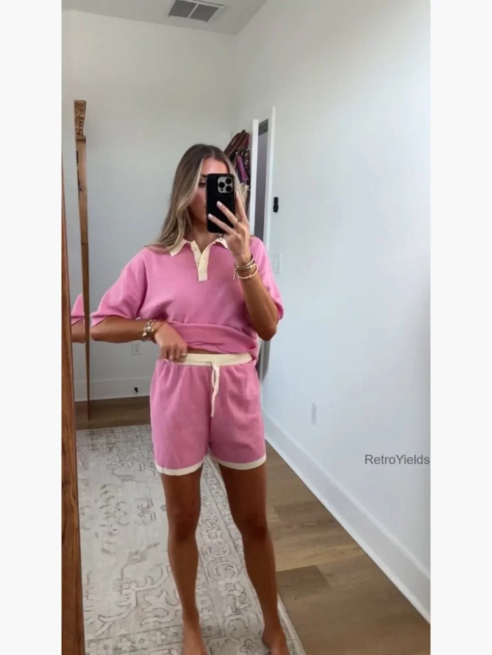 2 Piece Knit Short Set Short Sleeve Collared Top Matching Lounge Outfit